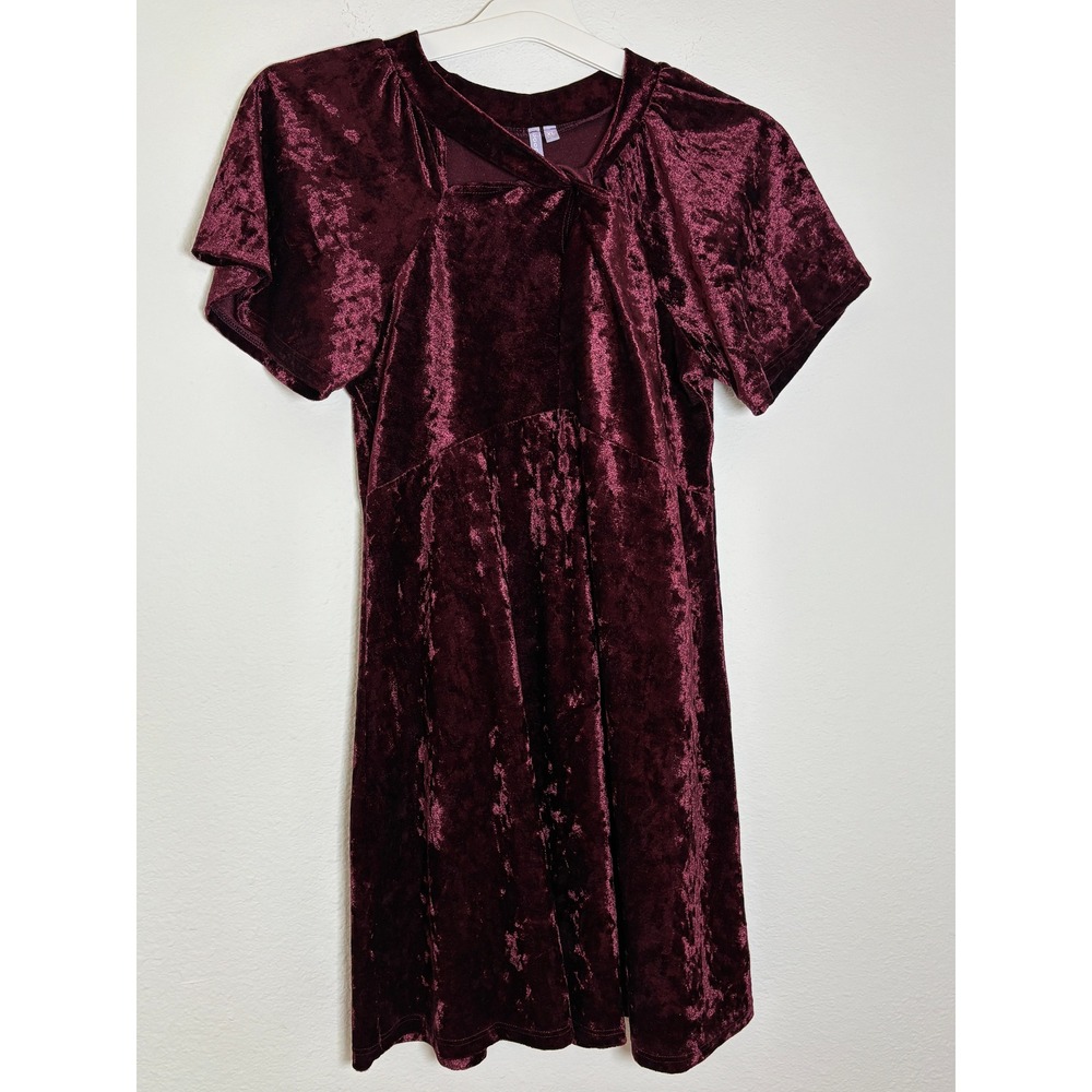 Good Luck Girl Burgundy Crushed Velvet Cutout Neck Mini Dress XL Wine Short slv